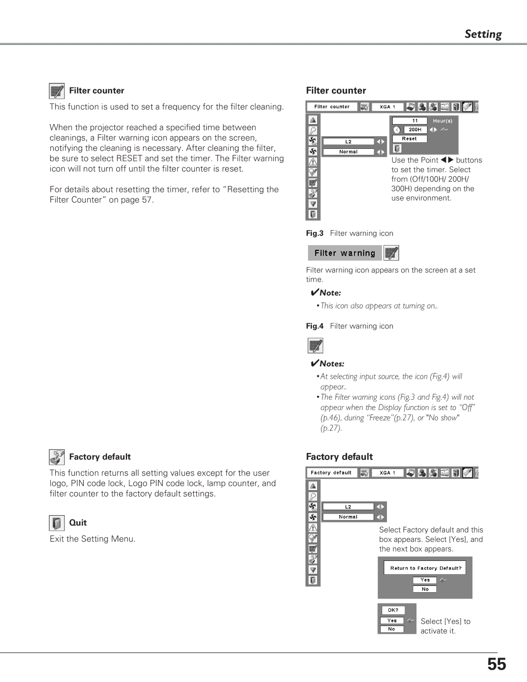 Eiki LC-XB29N owner manual Factory default, Filter counter 