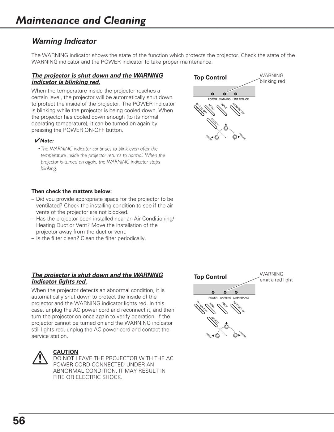 Eiki LC-XB29N owner manual Maintenance and Cleaning, Then check the matters below, Top Control 