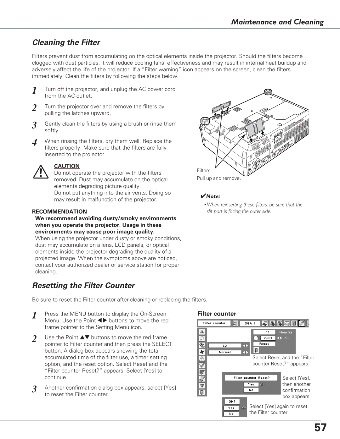 Eiki LC-XB29N owner manual Maintenance and Cleaning Cleaning the Filter, Resetting the Filter Counter 