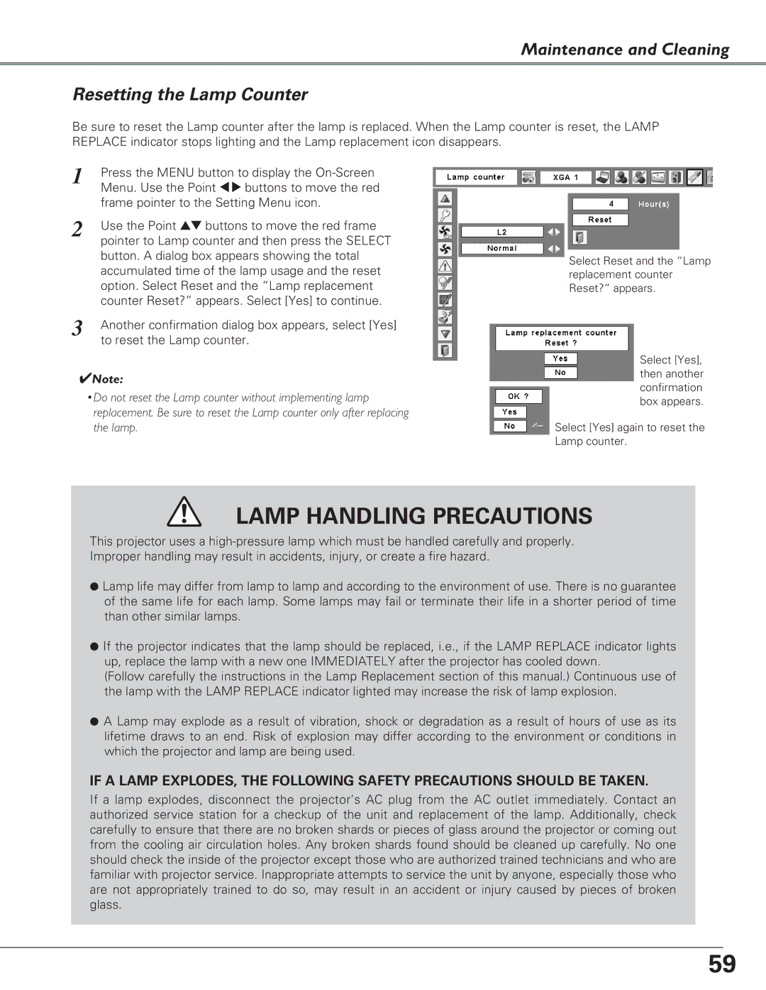 Eiki LC-XB29N owner manual Lamp Handling Precautions, Maintenance and Cleaning Resetting the Lamp Counter 