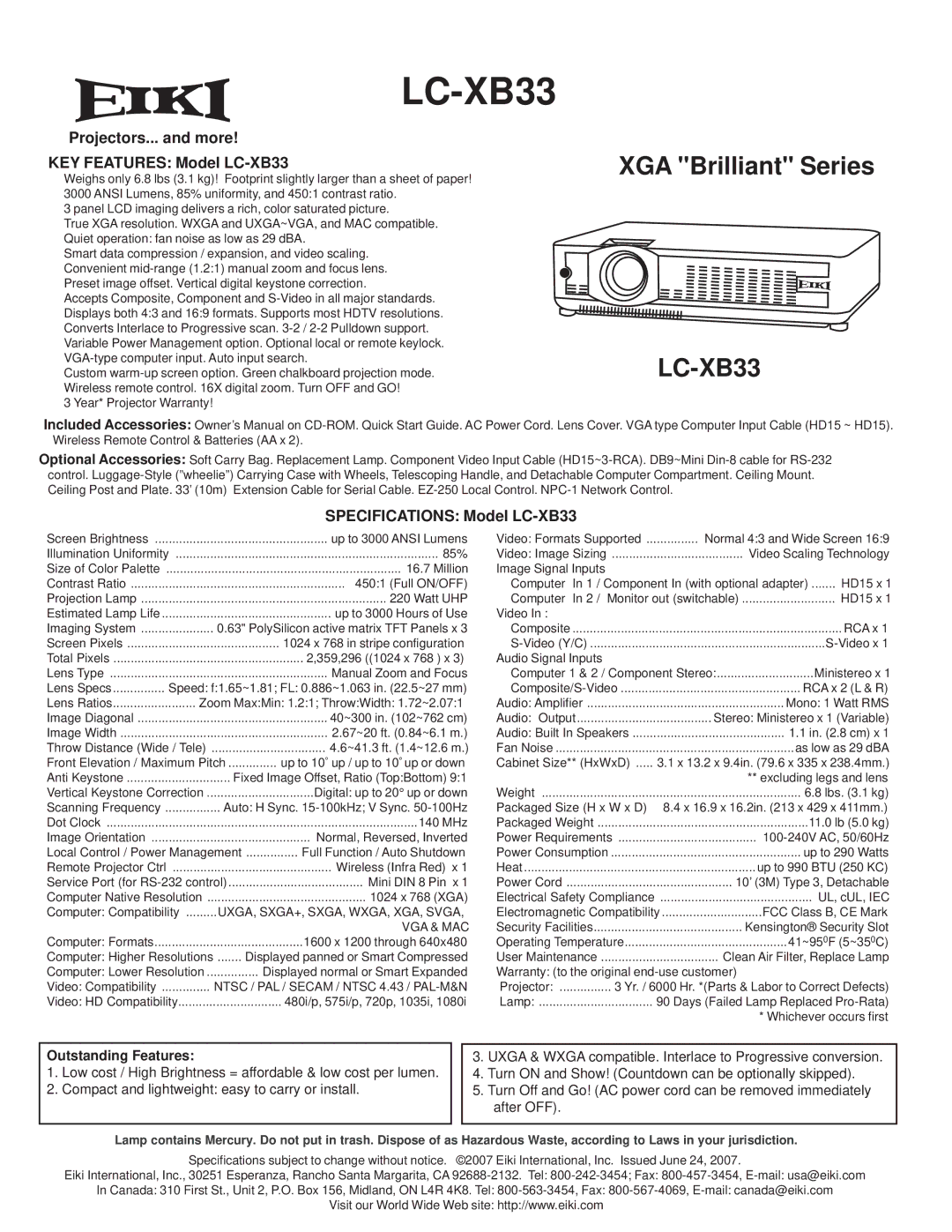 Eiki specifications  LC-XB33, Projectors... and more KEY Features Model LC-XB33, Specifications Model LC-XB33 