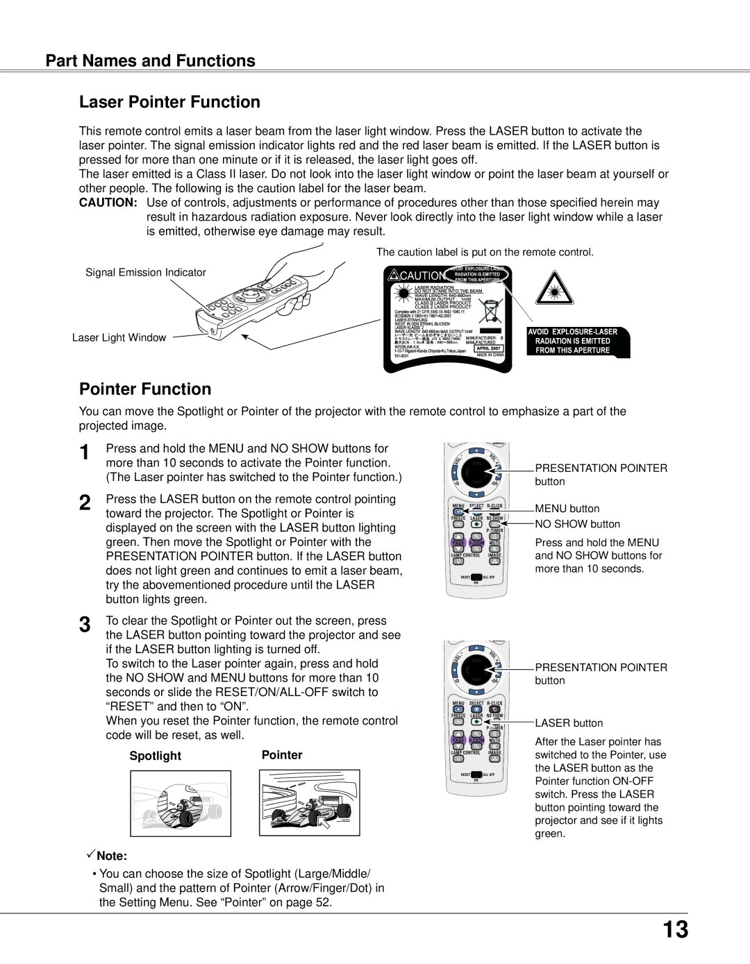 Eiki LC-XB33N owner manual Part Names and Functions Laser Pointer Function, Spotlight, Note 