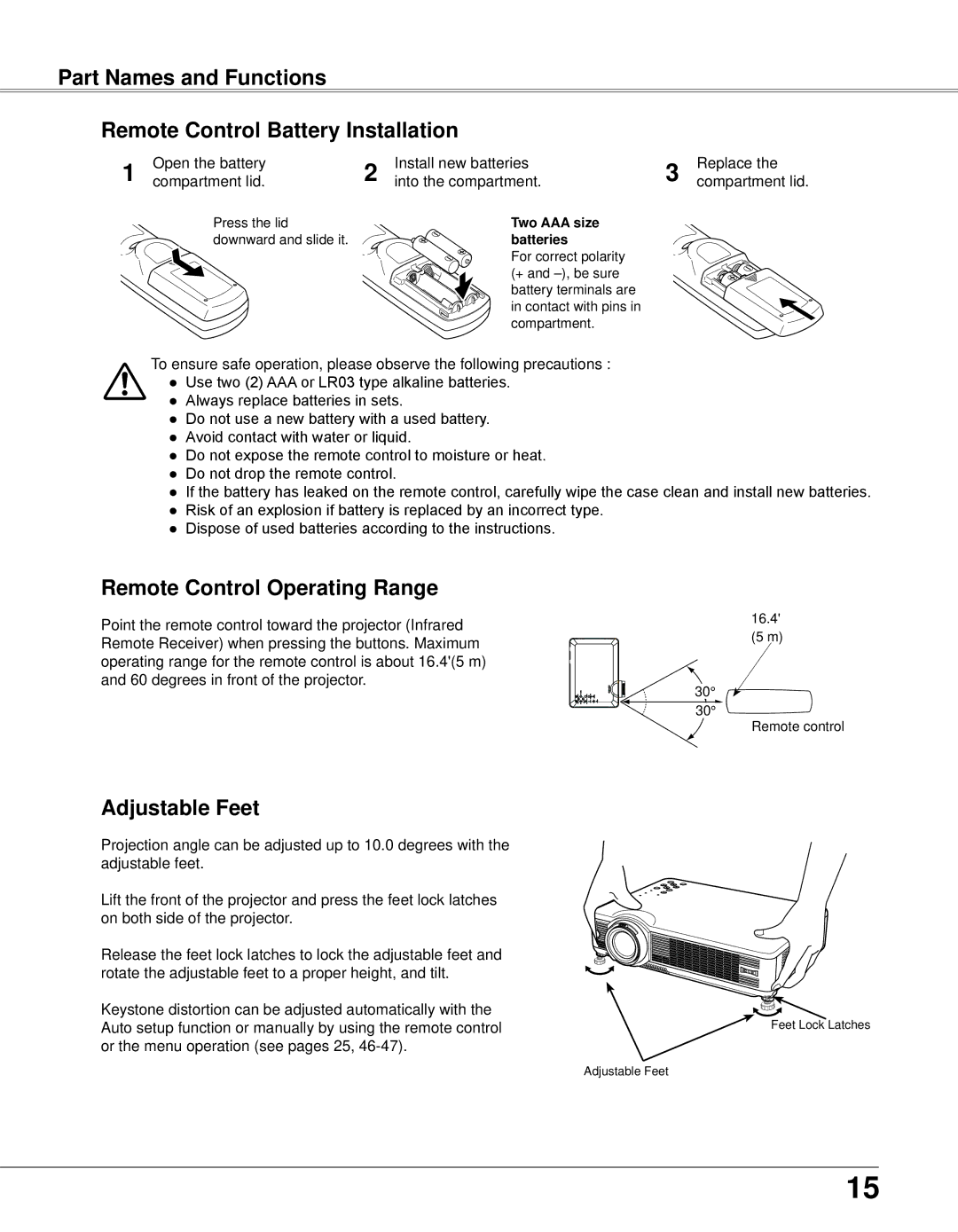 Eiki LC-XB33N owner manual Remote Control Operating Range, Adjustable Feet 