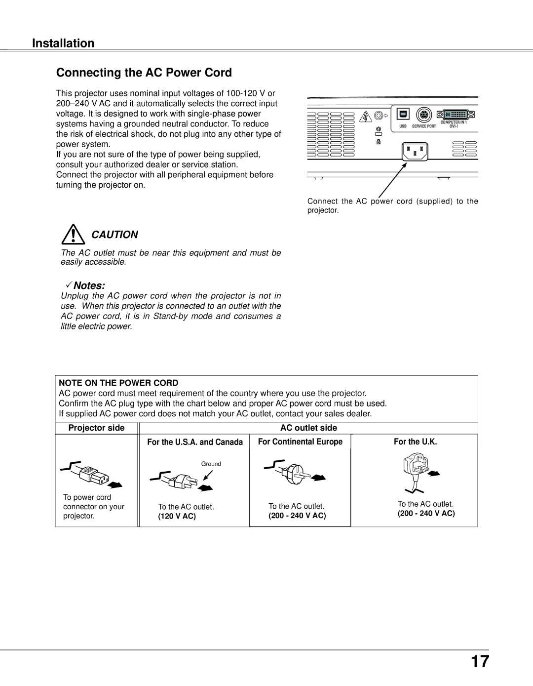 Eiki LC-XB33N owner manual Installation Connecting the AC Power Cord, Projector side AC outlet side 