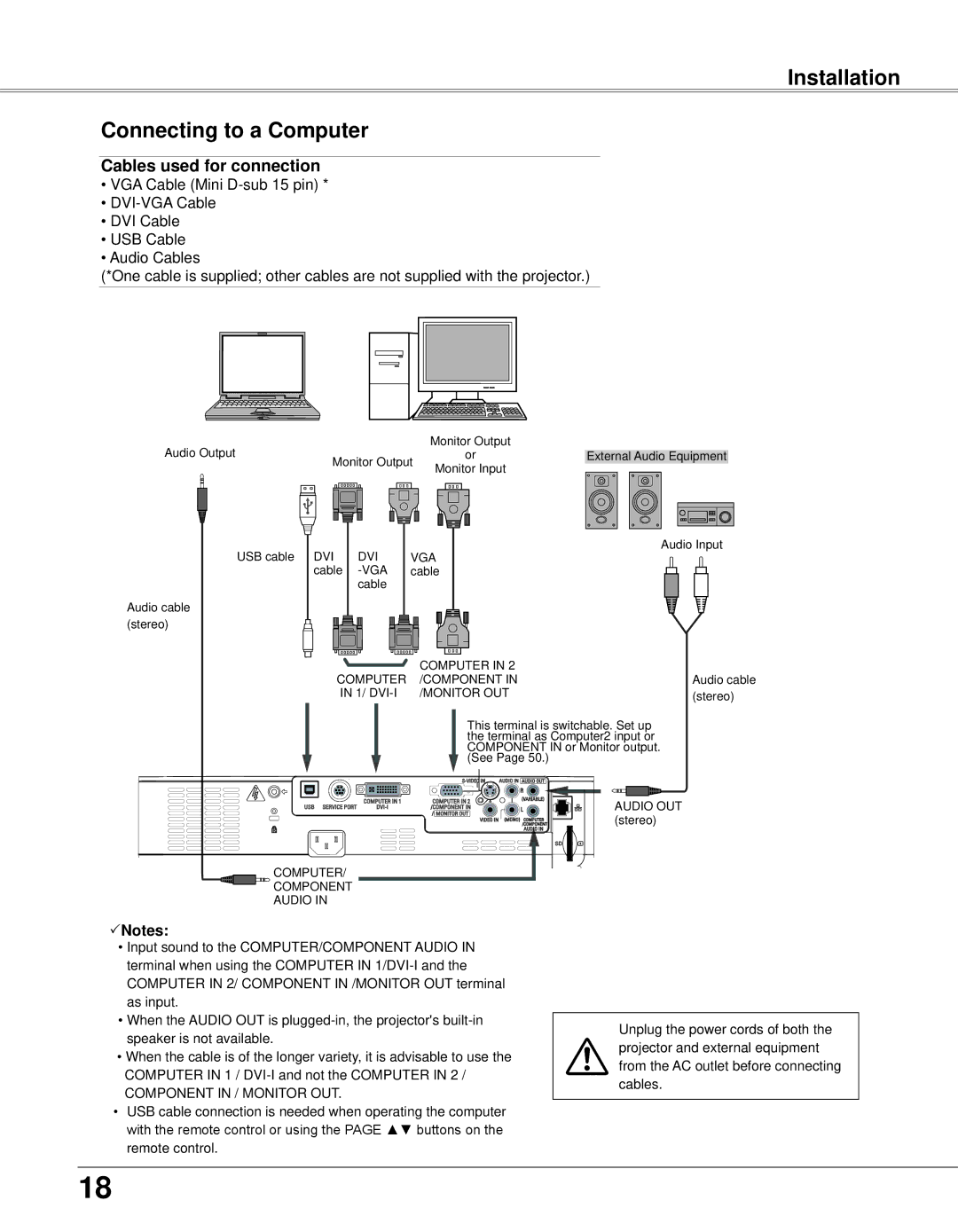 Eiki LC-XB33N owner manual DVI-VGA Cable DVI Cable USB Cable Audio Cables 