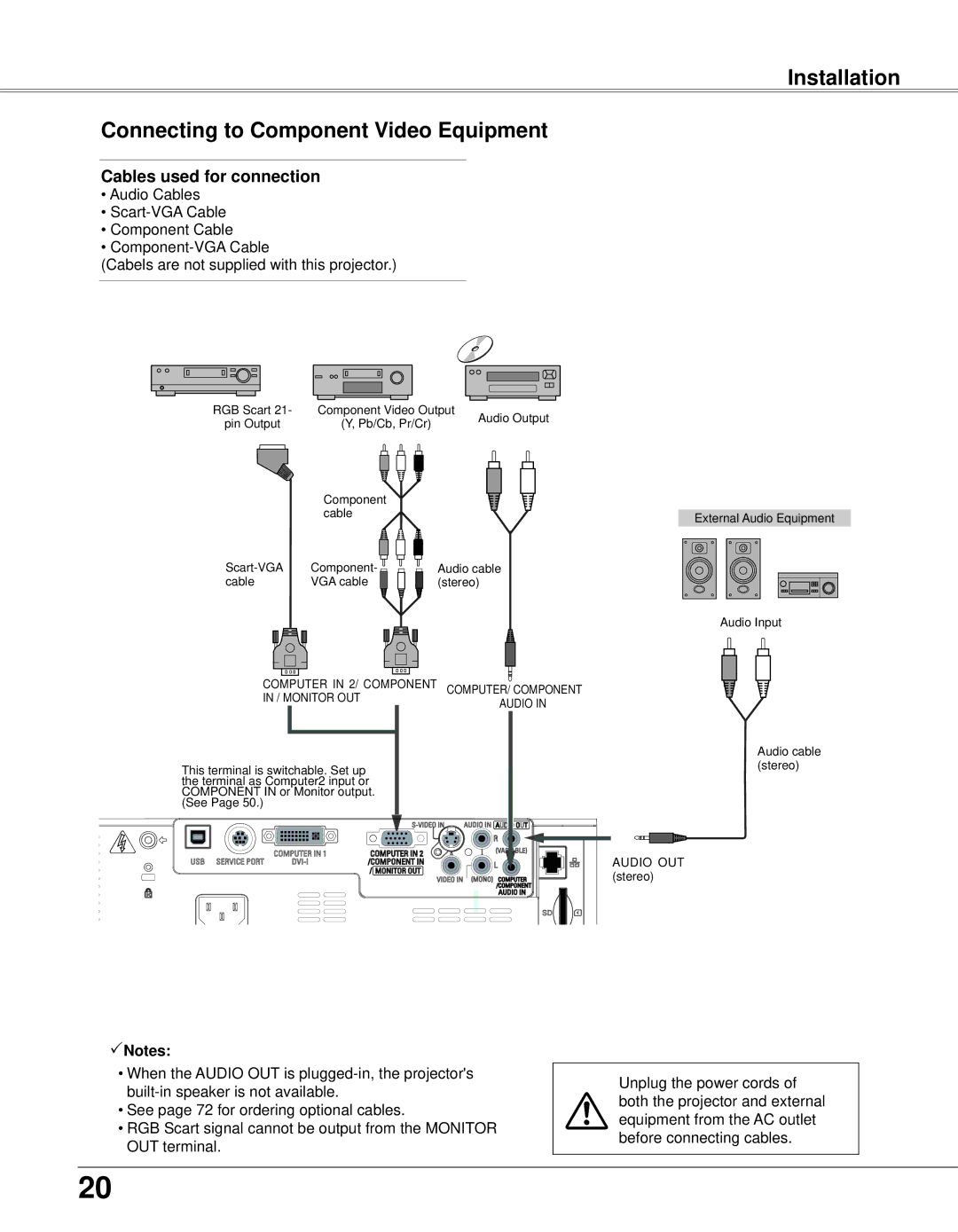 Eiki LC-XB33N owner manual Installation Connecting to Component Video Equipment, Computer in 2/ Component / Monitor OUT 