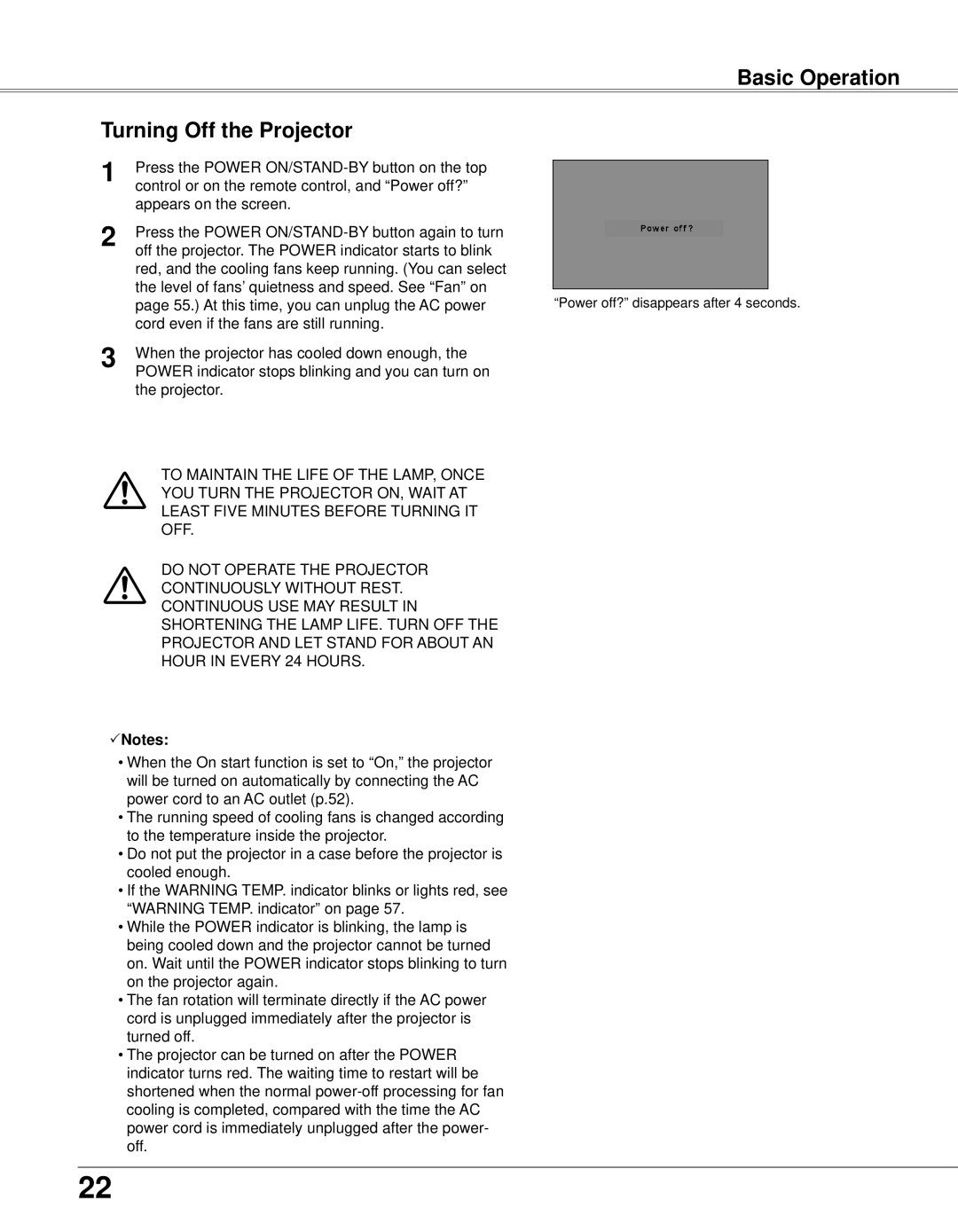 Eiki LC-XB33N owner manual Basic Operation Turning Off the Projector 