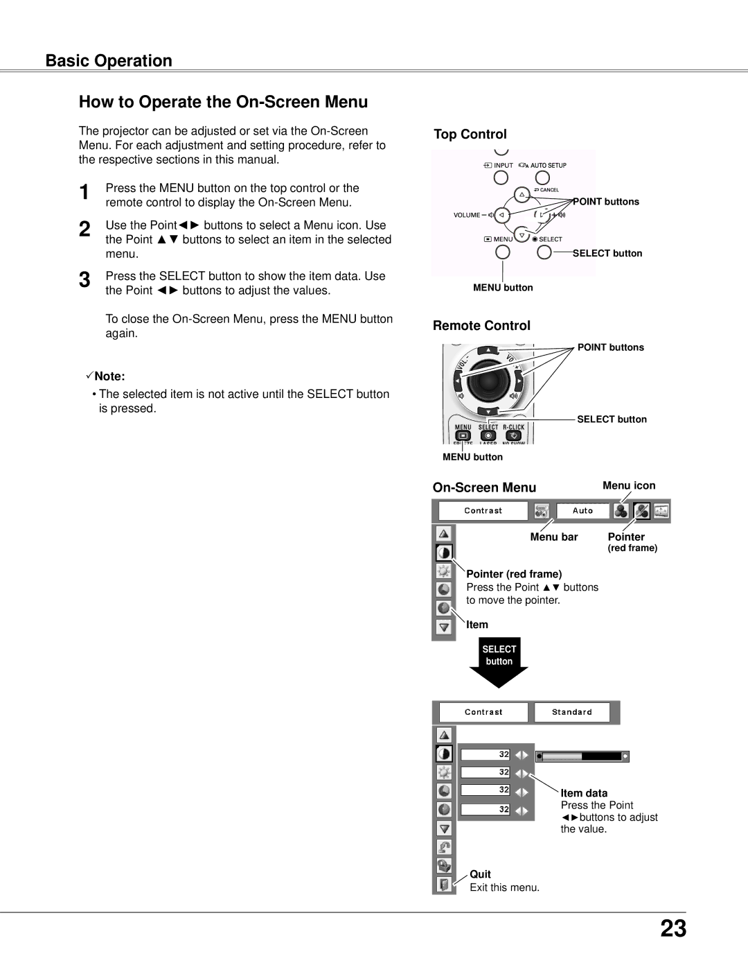 Eiki LC-XB33N owner manual Basic Operation How to Operate the On-Screen Menu, Top Control, Remote Control 