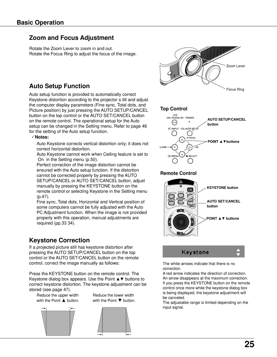 Eiki LC-XB33N owner manual Basic Operation Zoom and Focus Adjustment, Auto Setup Function, Keystone Correction 