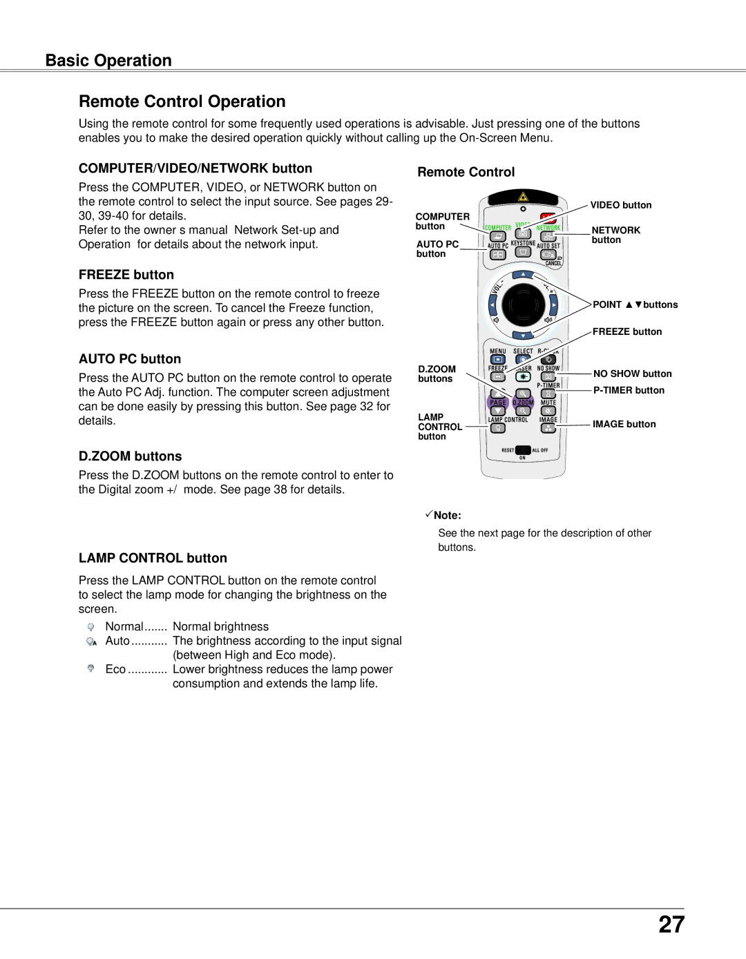 Eiki LC-XB33N owner manual Basic Operation Remote Control Operation 