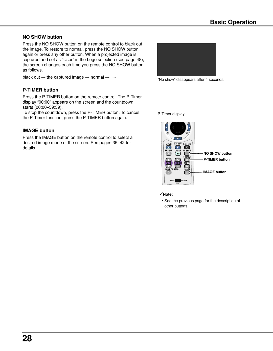 Eiki LC-XB33N owner manual Basic Operation, No Show button, Timer button, Image button 