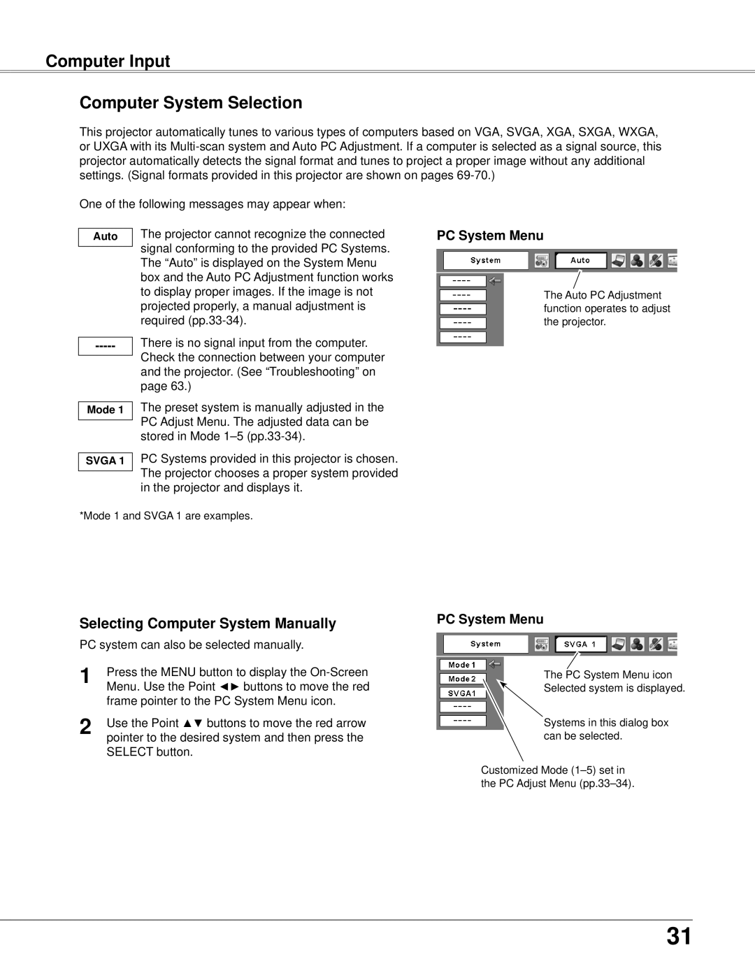 Eiki LC-XB33N owner manual Computer Input Computer System Selection, Selecting Computer System Manually, PC System Menu 