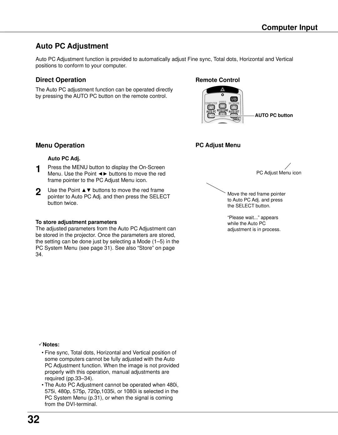 Eiki LC-XB33N owner manual Computer Input Auto PC Adjustment, PC Adjust Menu, To store adjustment parameters 