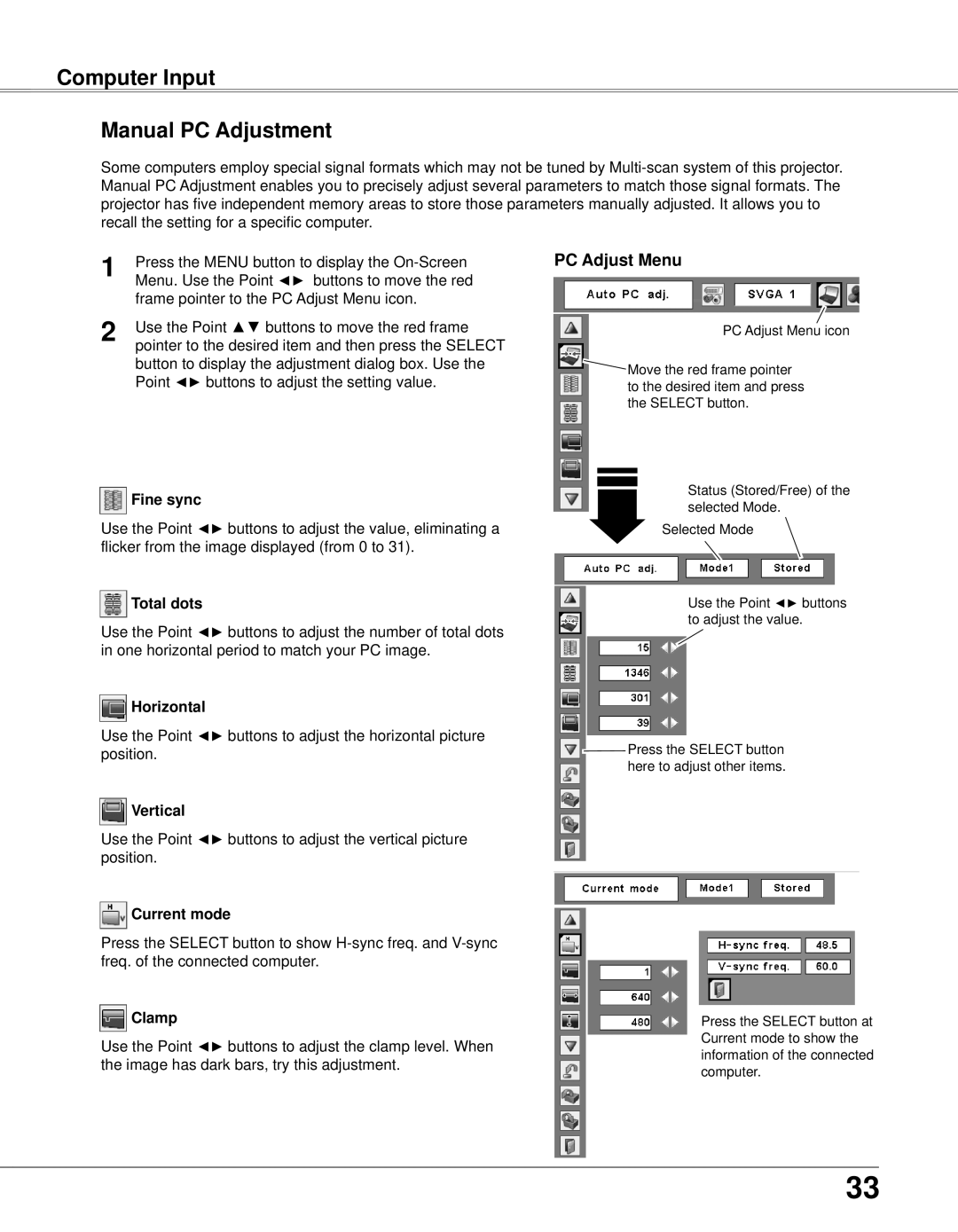 Eiki LC-XB33N owner manual Computer Input Manual PC Adjustment 