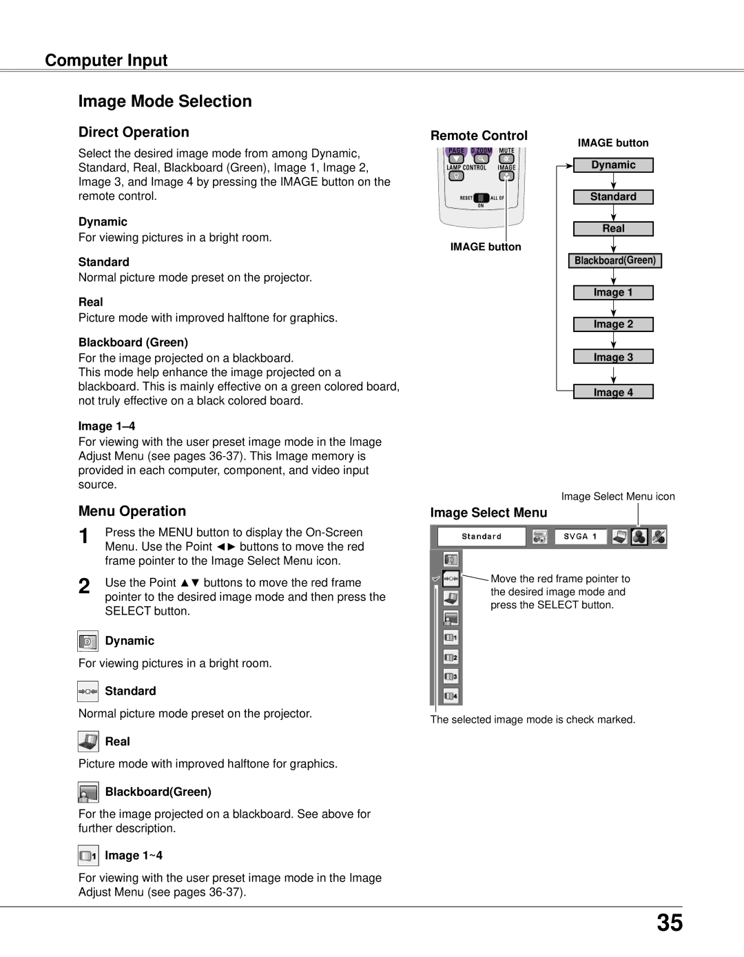 Eiki LC-XB33N owner manual Computer Input Image Mode Selection, Image Select Menu 