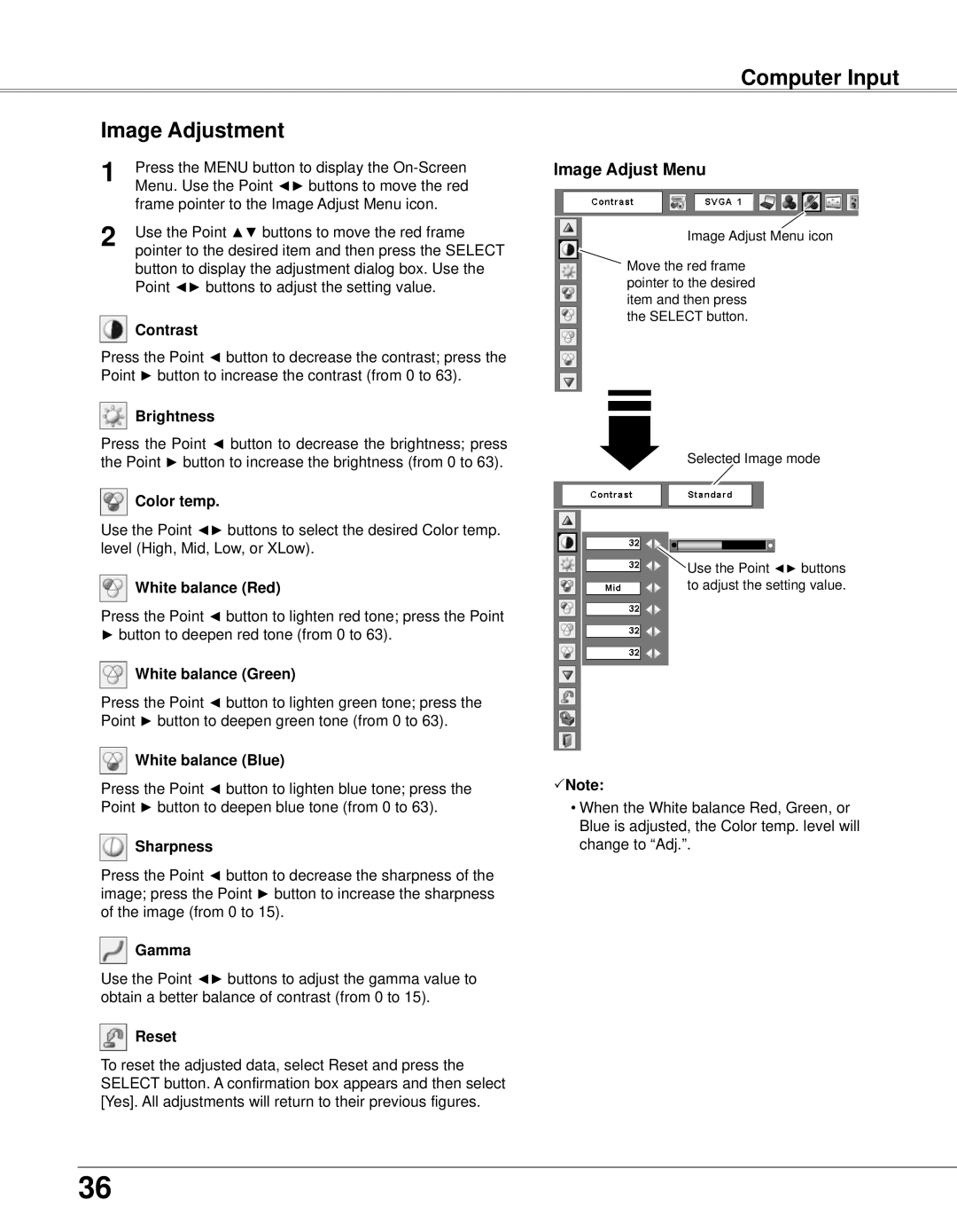 Eiki LC-XB33N owner manual Computer Input Image Adjustment, Image Adjust Menu 