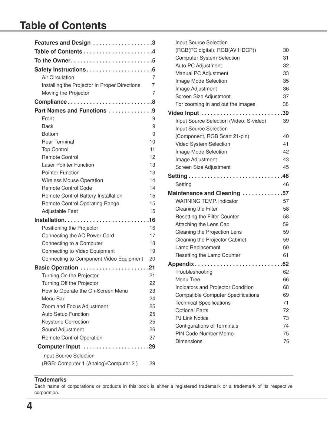 Eiki LC-XB33N owner manual Table of Contents 