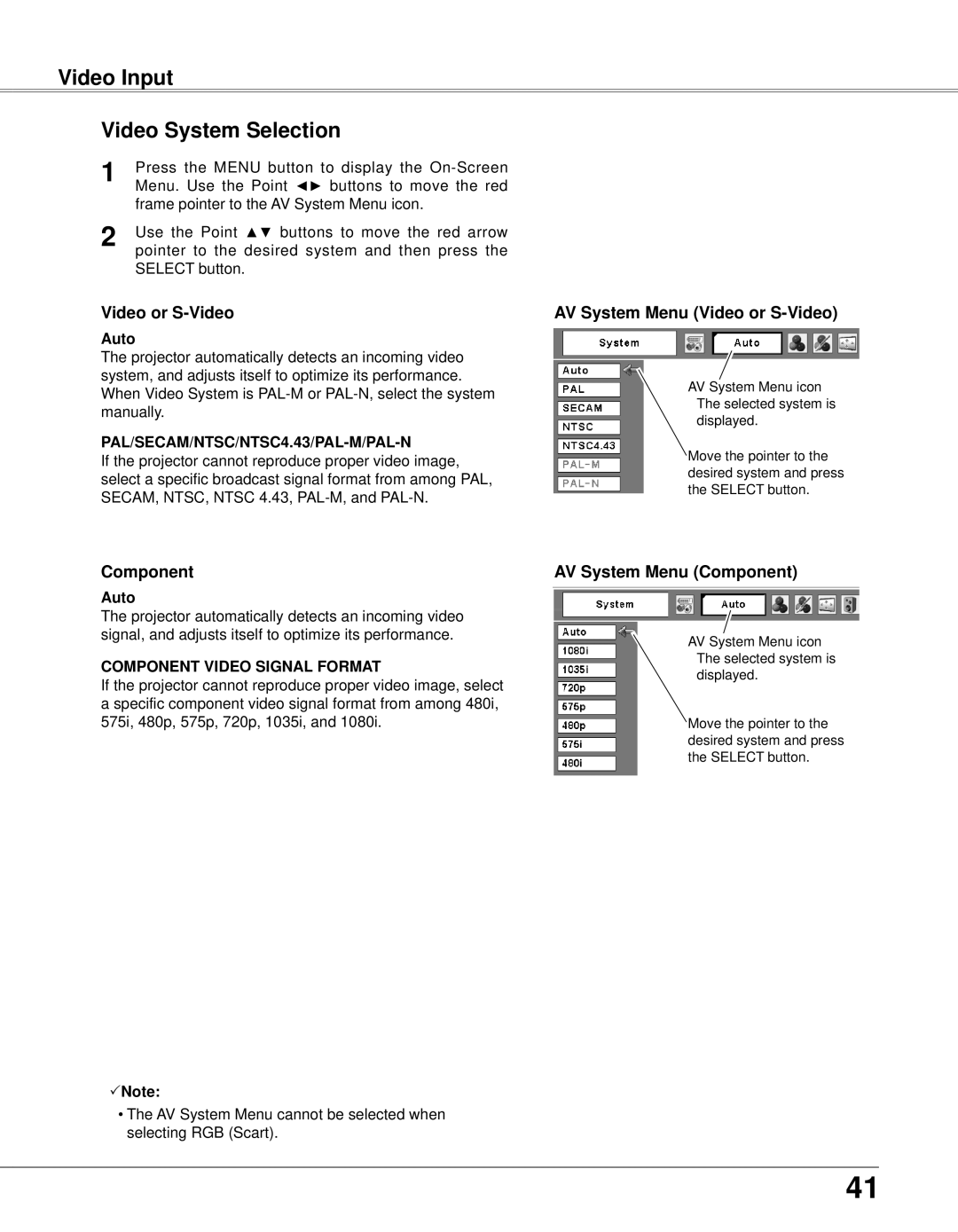 Eiki LC-XB33N Video Input Video System Selection, AV System Menu Video or S-Video, AV System Menu Component 