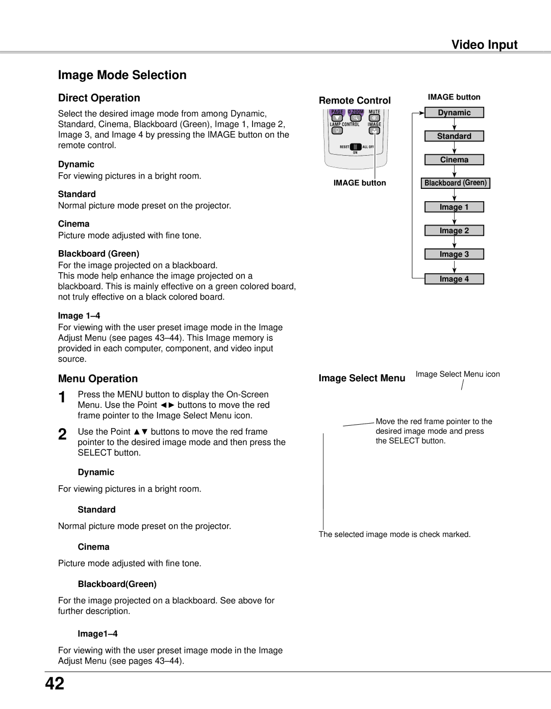 Eiki LC-XB33N owner manual Video Input Image Mode Selection, Cinema, Image1-4 