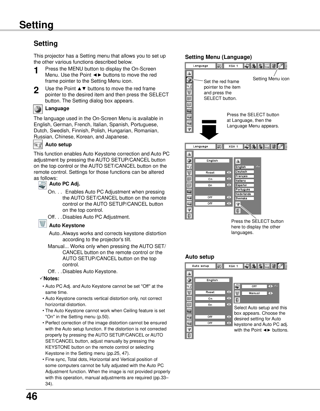 Eiki LC-XB33N owner manual Setting Menu Language, Auto setup 