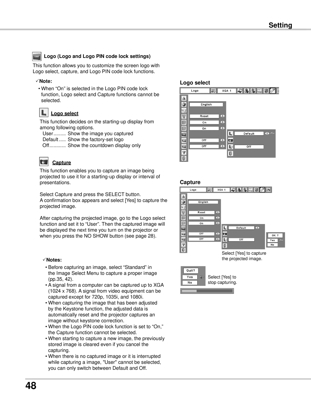 Eiki LC-XB33N owner manual Logo select Capture, Logo Logo and Logo PIN code lock settings 