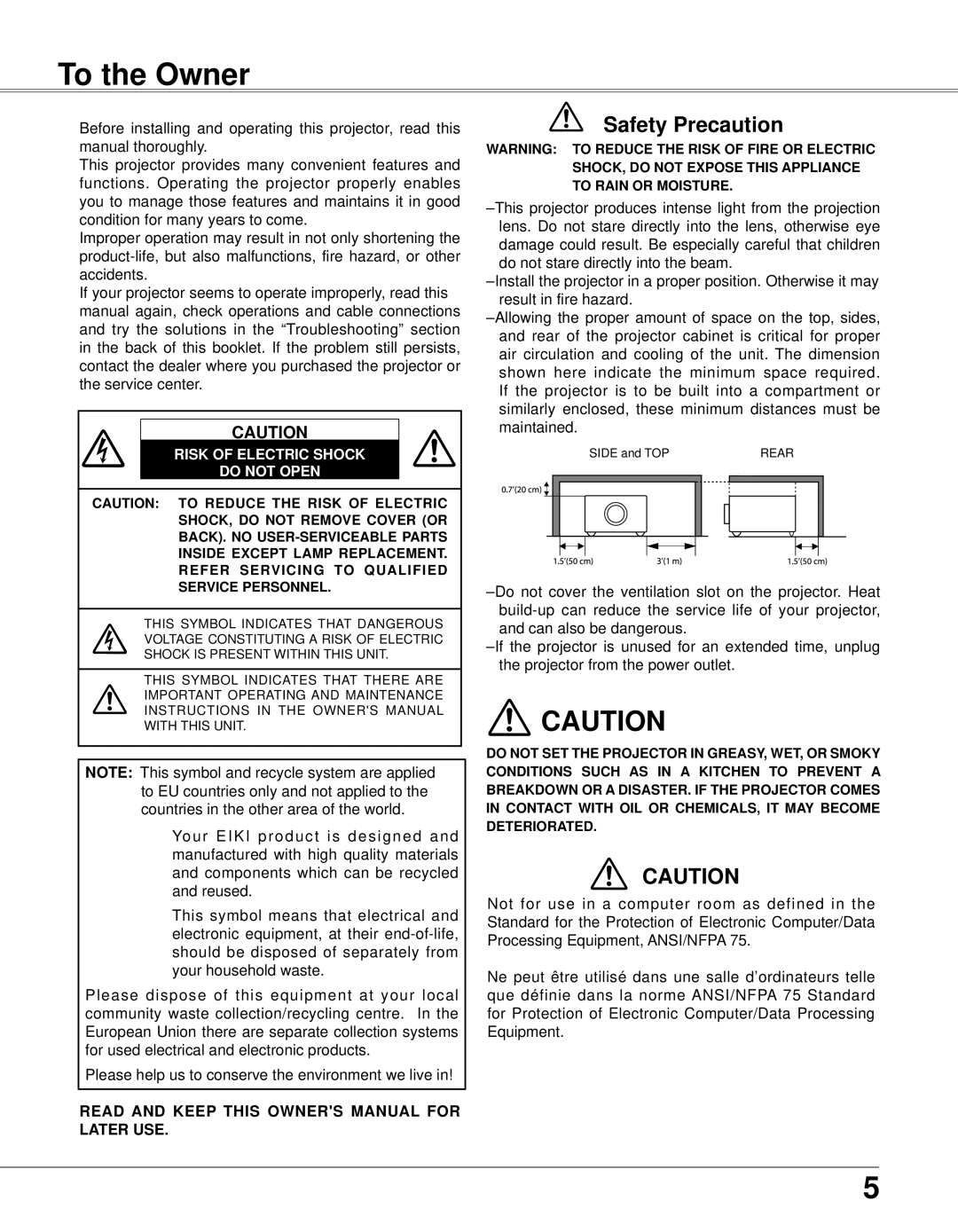 Eiki LC-XB33N owner manual To the Owner, Safety Precaution 