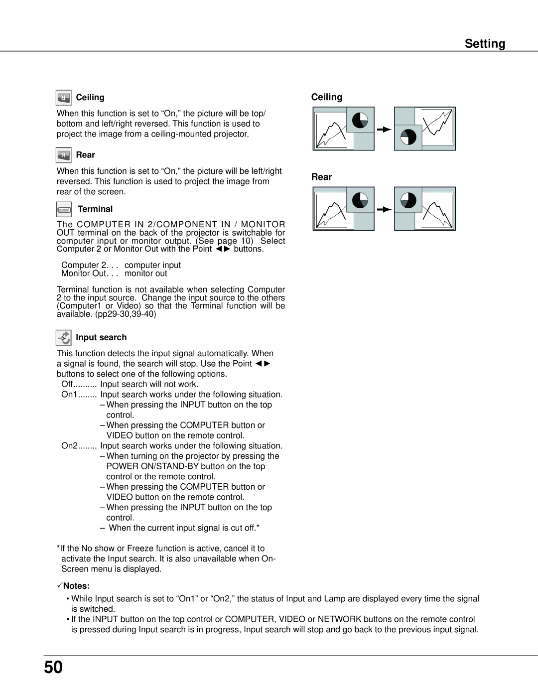 Eiki LC-XB33N owner manual Ceiling Rear, Terminal, Input search 