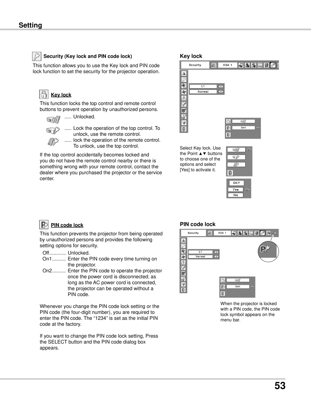 Eiki LC-XB33N owner manual PIN code lockPIN code lock, Security Key lock and PIN code lock 