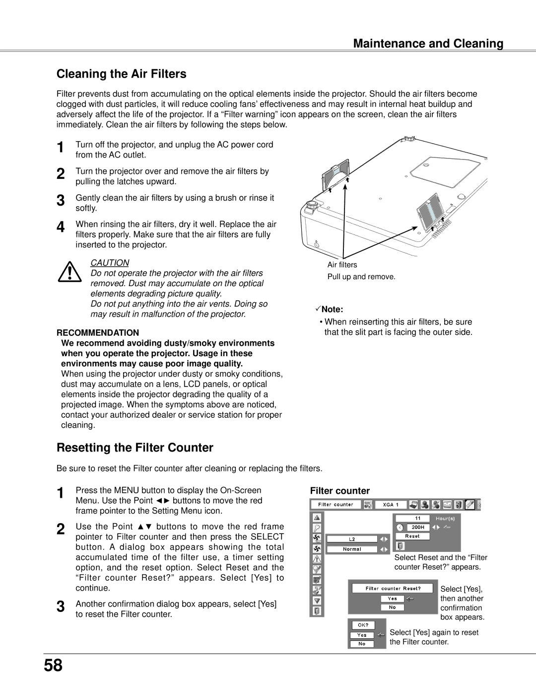 Eiki LC-XB33N owner manual Maintenance and Cleaning Cleaning the Air Filters, Resetting the Filter Counter 