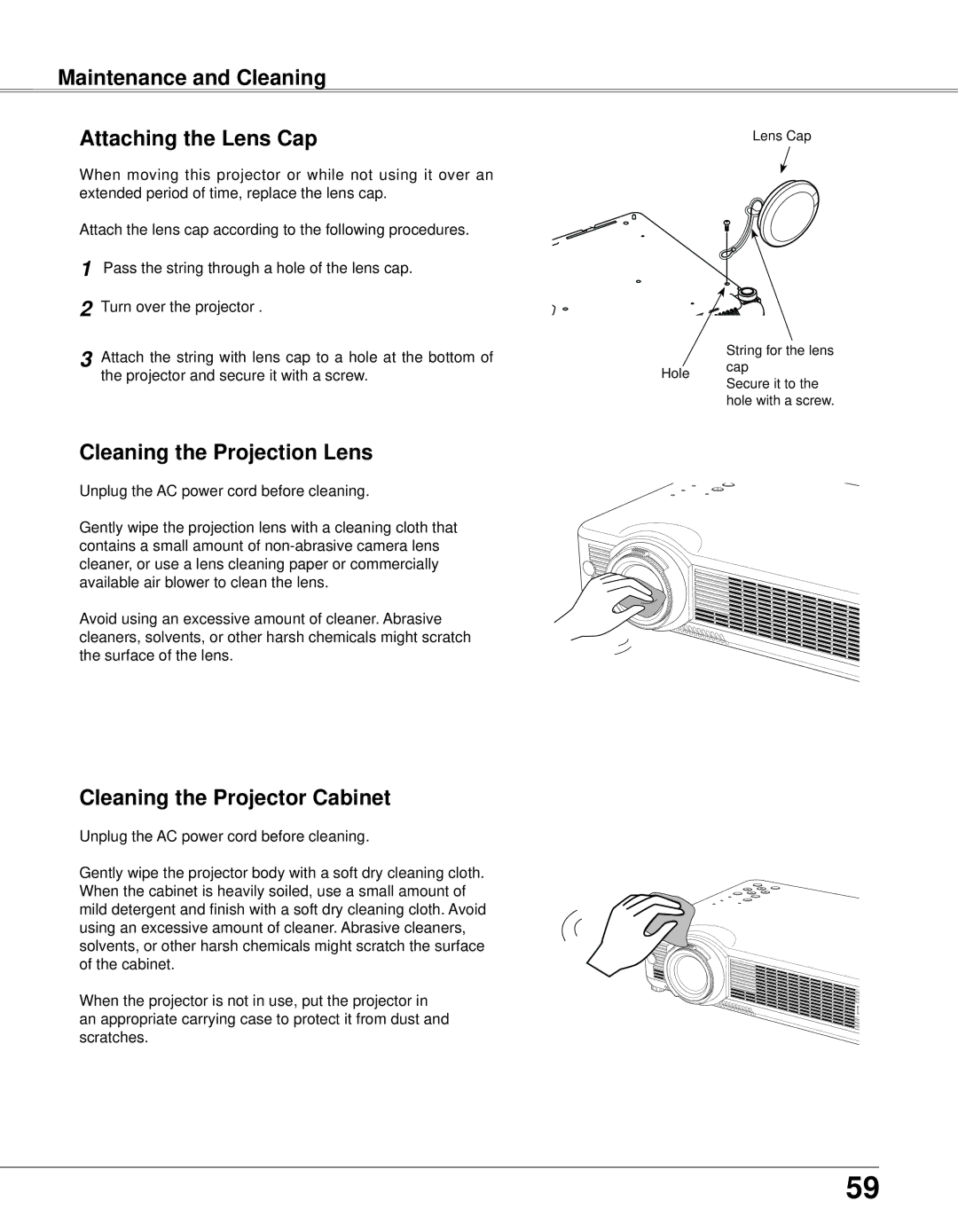 Eiki LC-XB33N owner manual Maintenance and Cleaning Attaching the Lens Cap, Cleaning the Projection Lens 