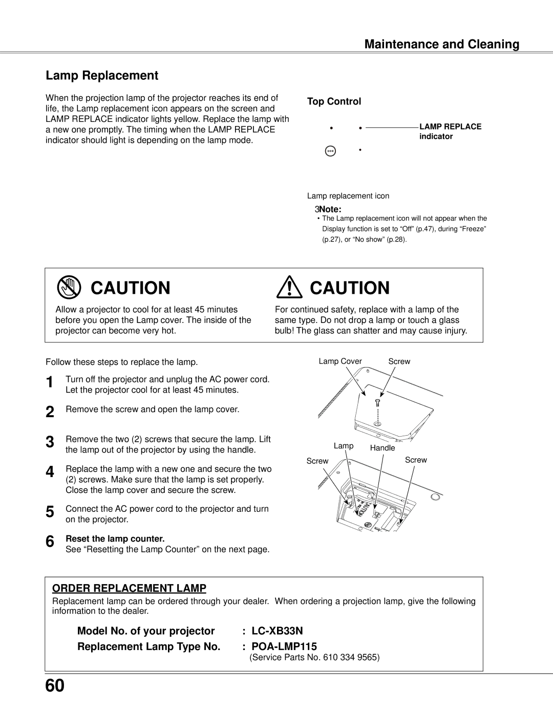 Eiki LC-XB33N owner manual Maintenance and Cleaning Lamp Replacement, Service Parts No 334 