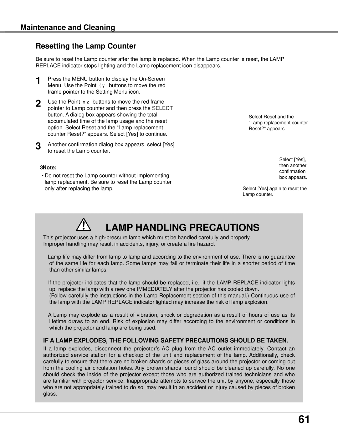 Eiki LC-XB33N owner manual Lamp Handling Precautions, Maintenance and Cleaning Resetting the Lamp Counter 