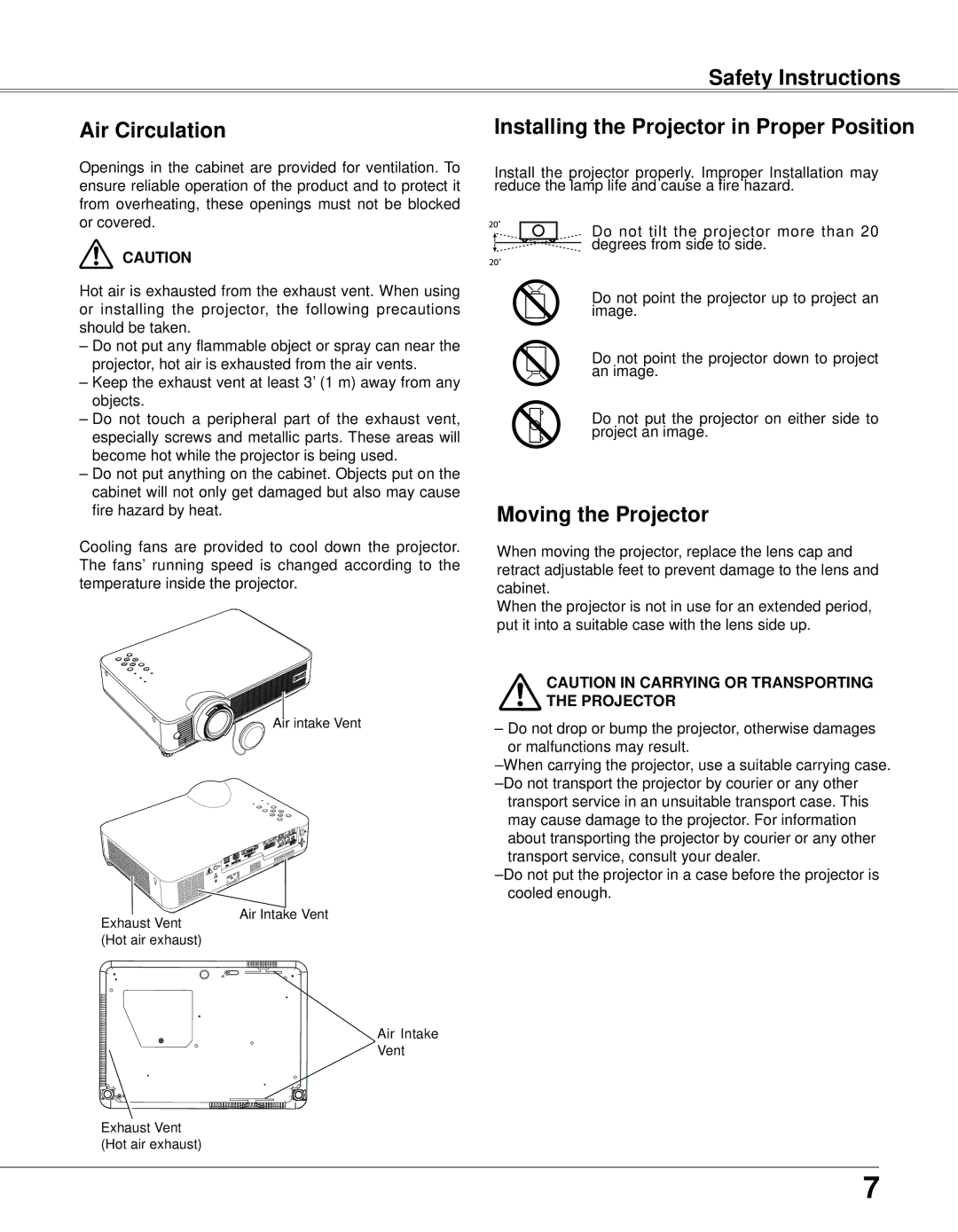 Eiki LC-XB33N owner manual Safety Instructions Air Circulation, Moving the Projector 