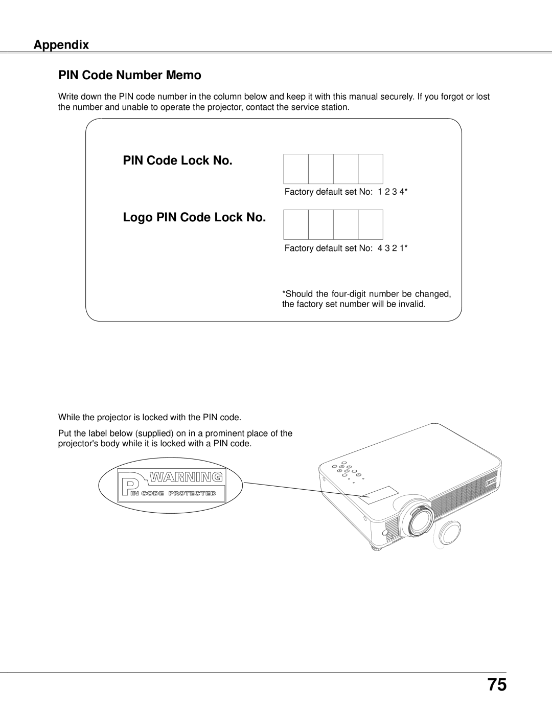 Eiki LC-XB33N owner manual Appendix PIN Code Number Memo, Logo PIN Code Lock No 