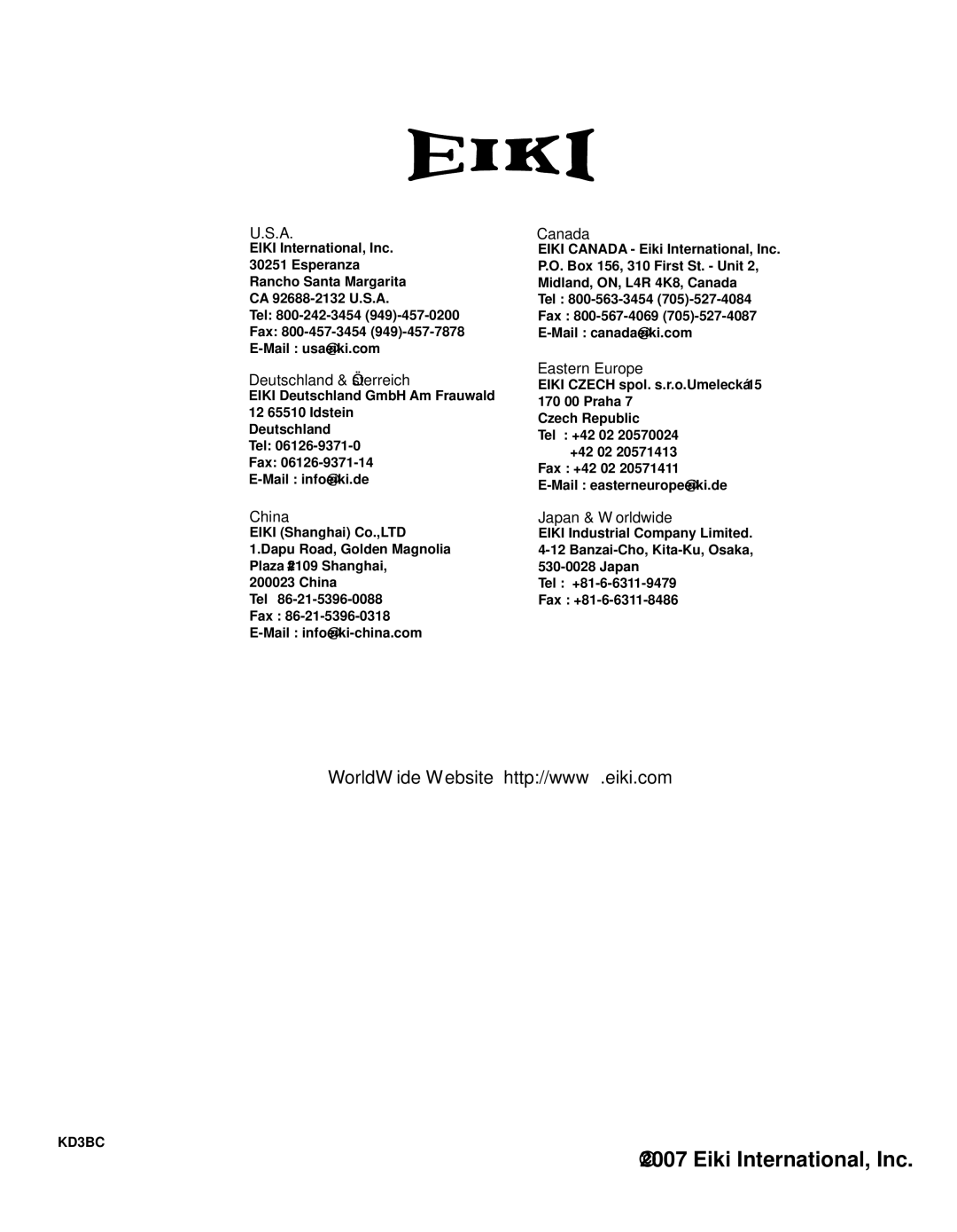 Eiki LC-XB33N owner manual Deutschland & Österreich, China, Canada, Eastern Europe, Japan & Worldwide 