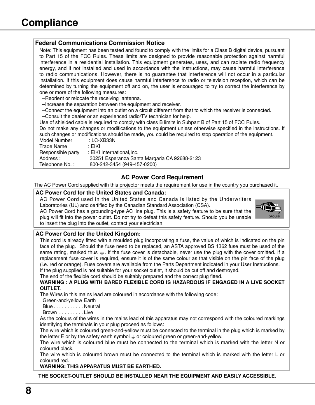 Eiki LC-XB33N owner manual Compliance, Federal Communications Commission Notice, AC Power Cord Requirement 