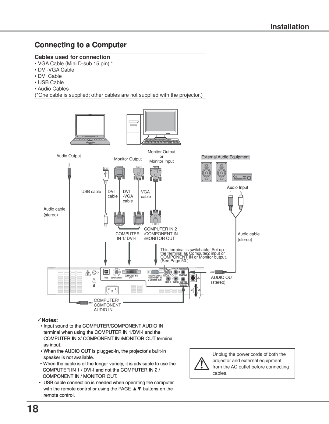 Eiki LC-XB33N owner manual DVI-VGA Cable DVI Cable USB Cable Audio Cables, Component In / Monitor Out 