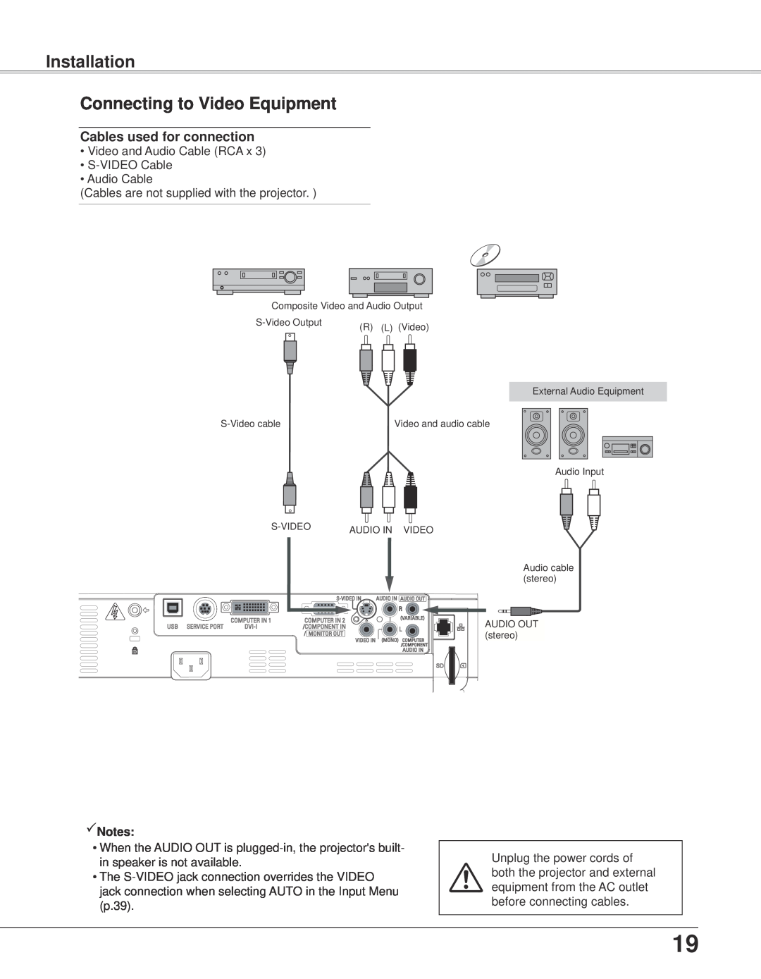 Eiki LC-XB33N owner manual Connecting to Video Equipment, Installation, Cables used for connection 