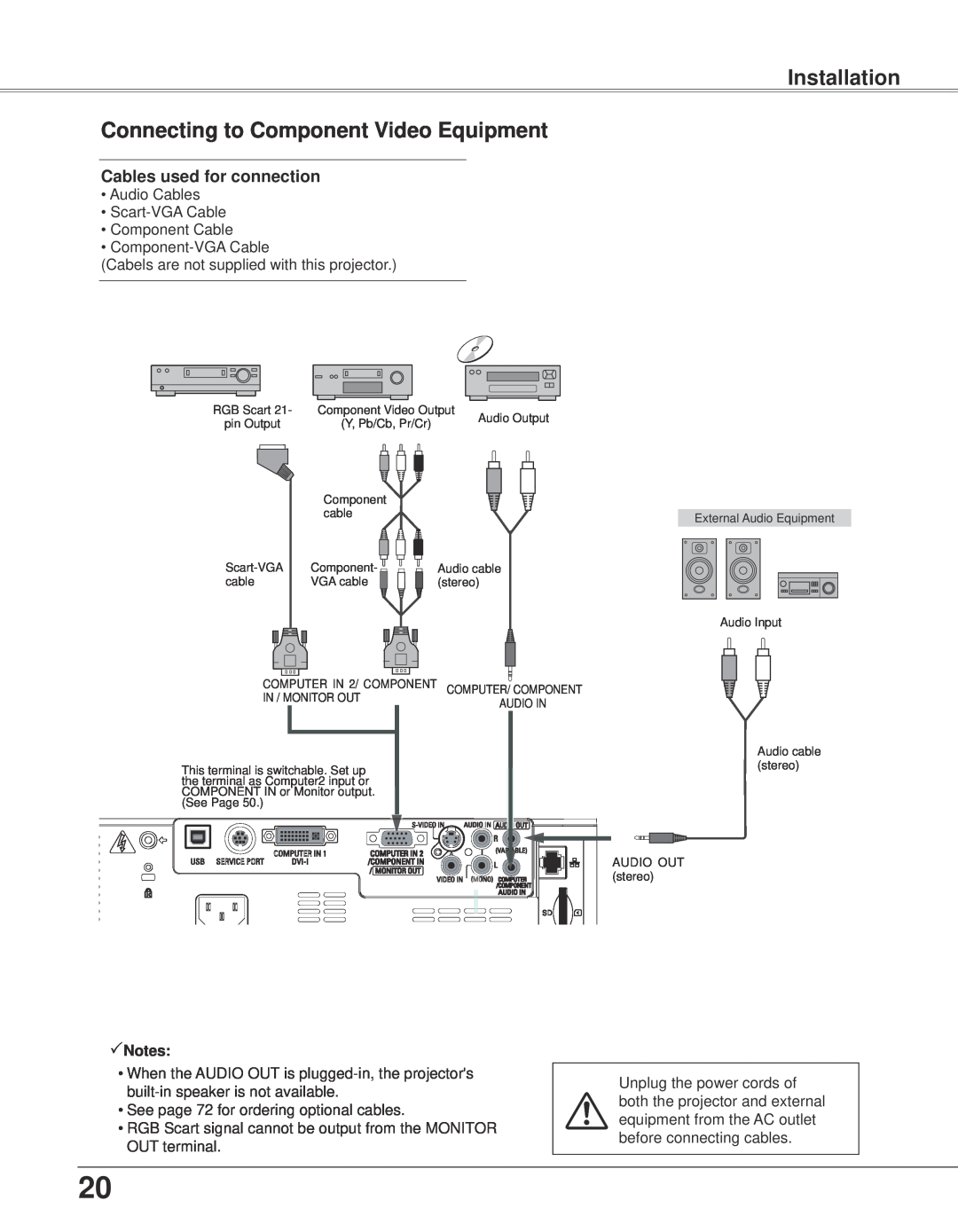 Eiki LC-XB33N owner manual Installation Connecting to Component Video Equipment, Audio cable 