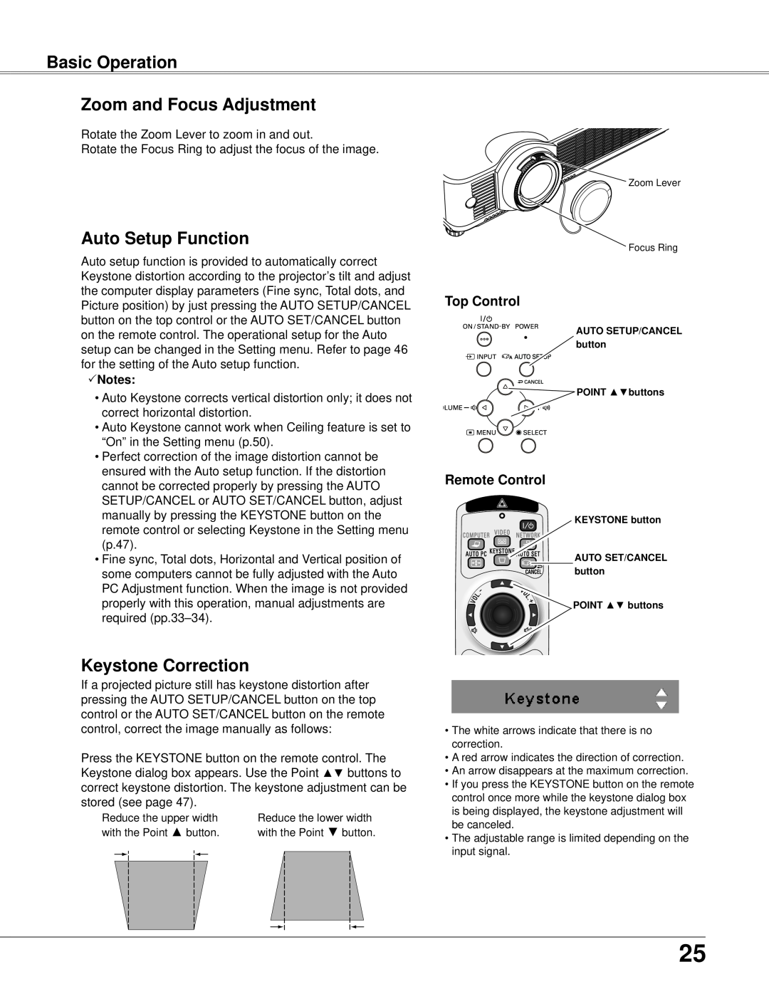 Eiki LC-XB33N owner manual Zoom and Focus Adjustment, Auto Setup Function, Keystone Correction, Basic Operation 
