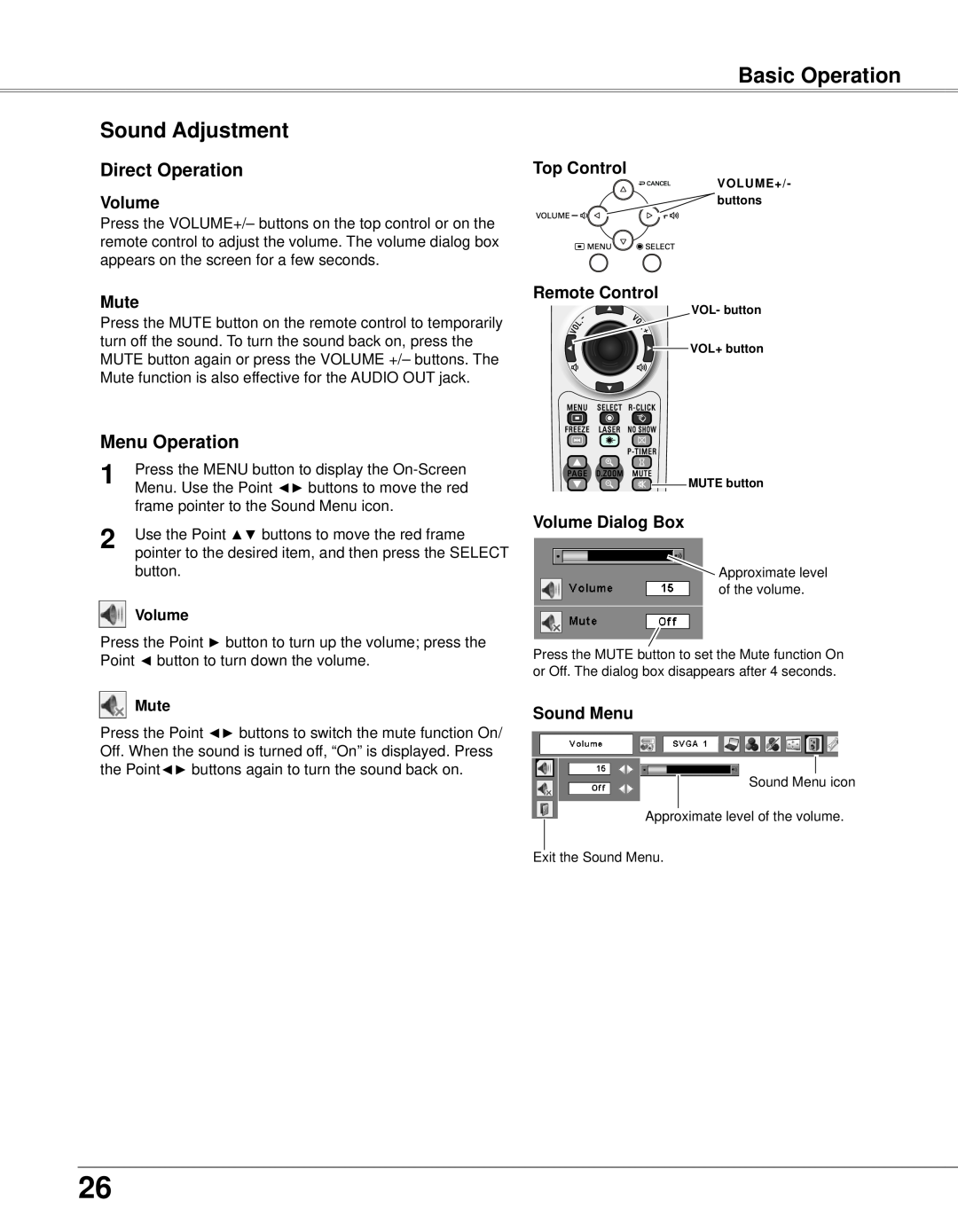 Eiki LC-XB33N owner manual Sound Adjustment, Direct Operation, Menu Operation, Basic Operation, Volume, Mute 