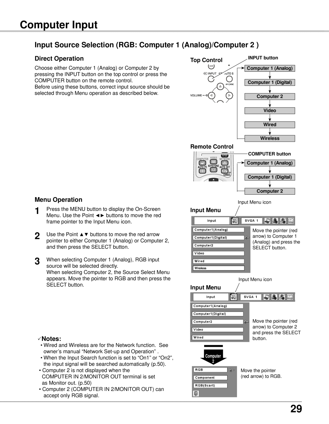 Eiki LC-XB33N owner manual Computer Input, Input Source Selection RGB Computer 1 Analog/Computer, Notes, Direct Operation 