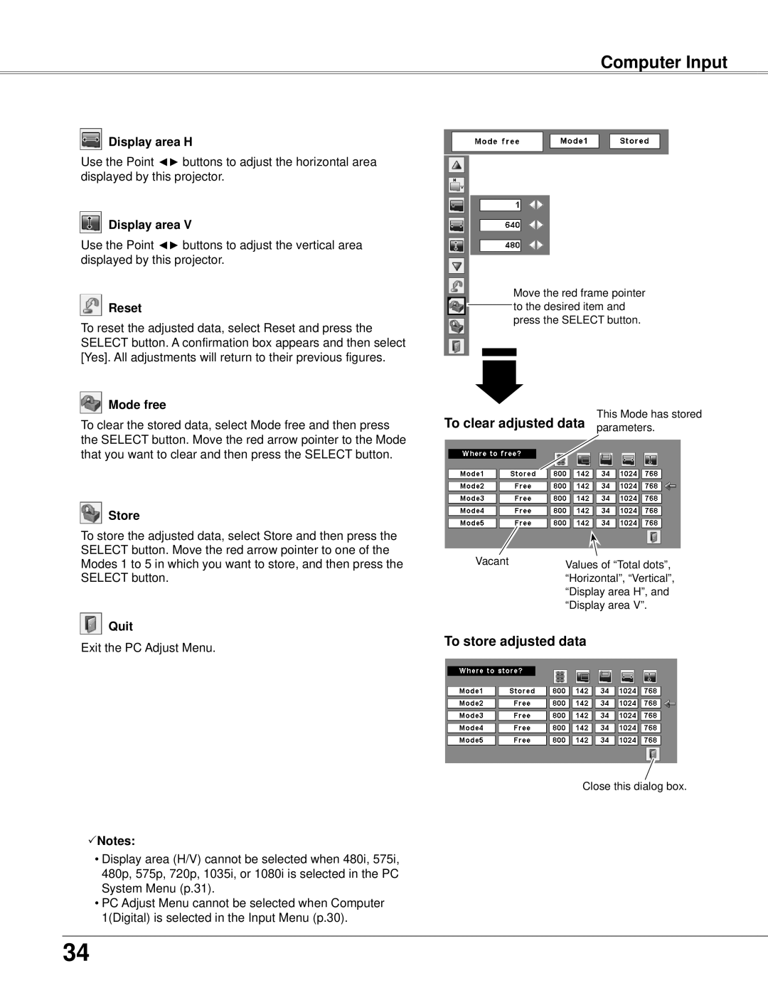 Eiki LC-XB33N owner manual Computer Input, To clear adjusted data parameters, To store adjusted data 