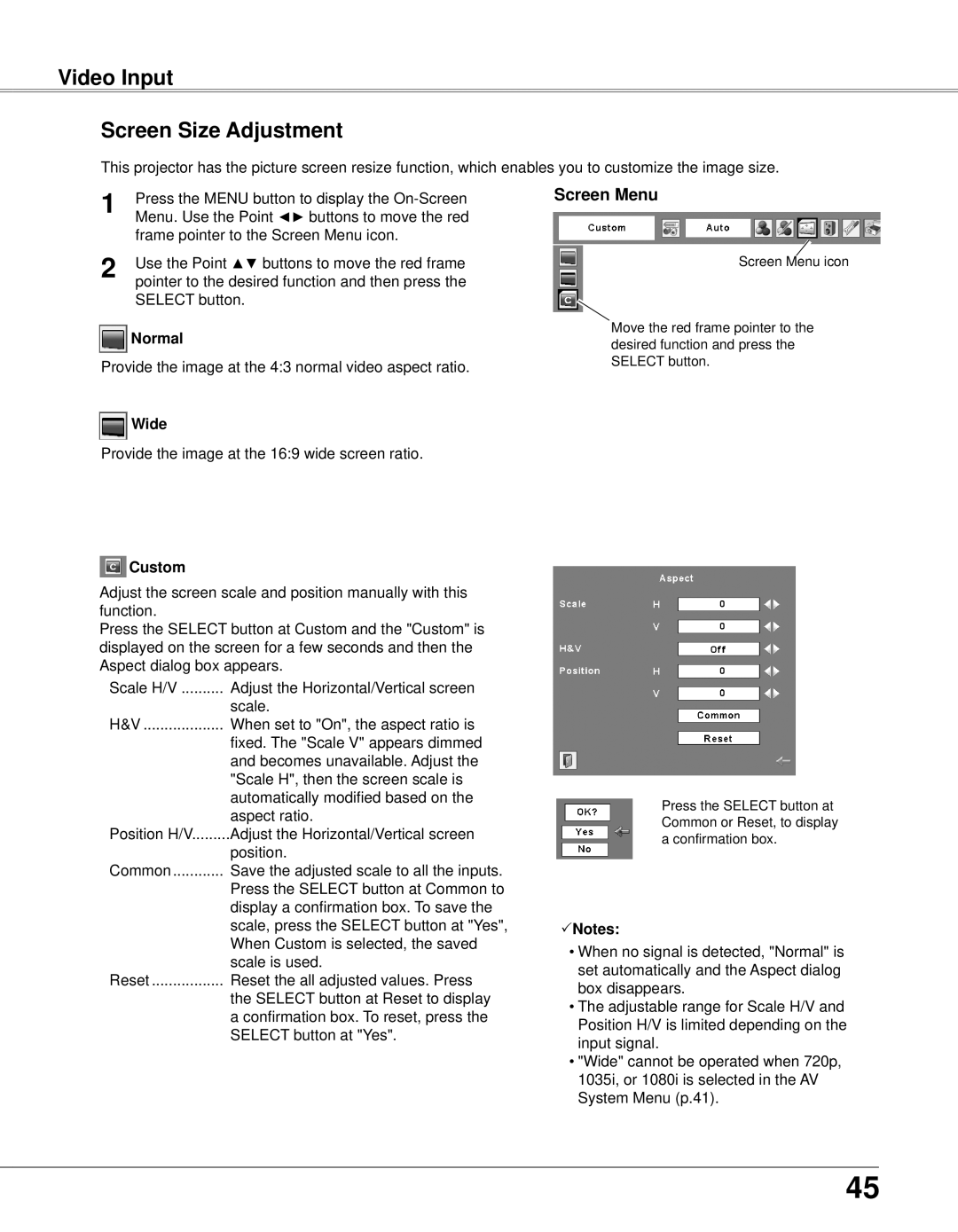 Eiki LC-XB33N owner manual Video Input, Screen Size Adjustment, Screen Menu 