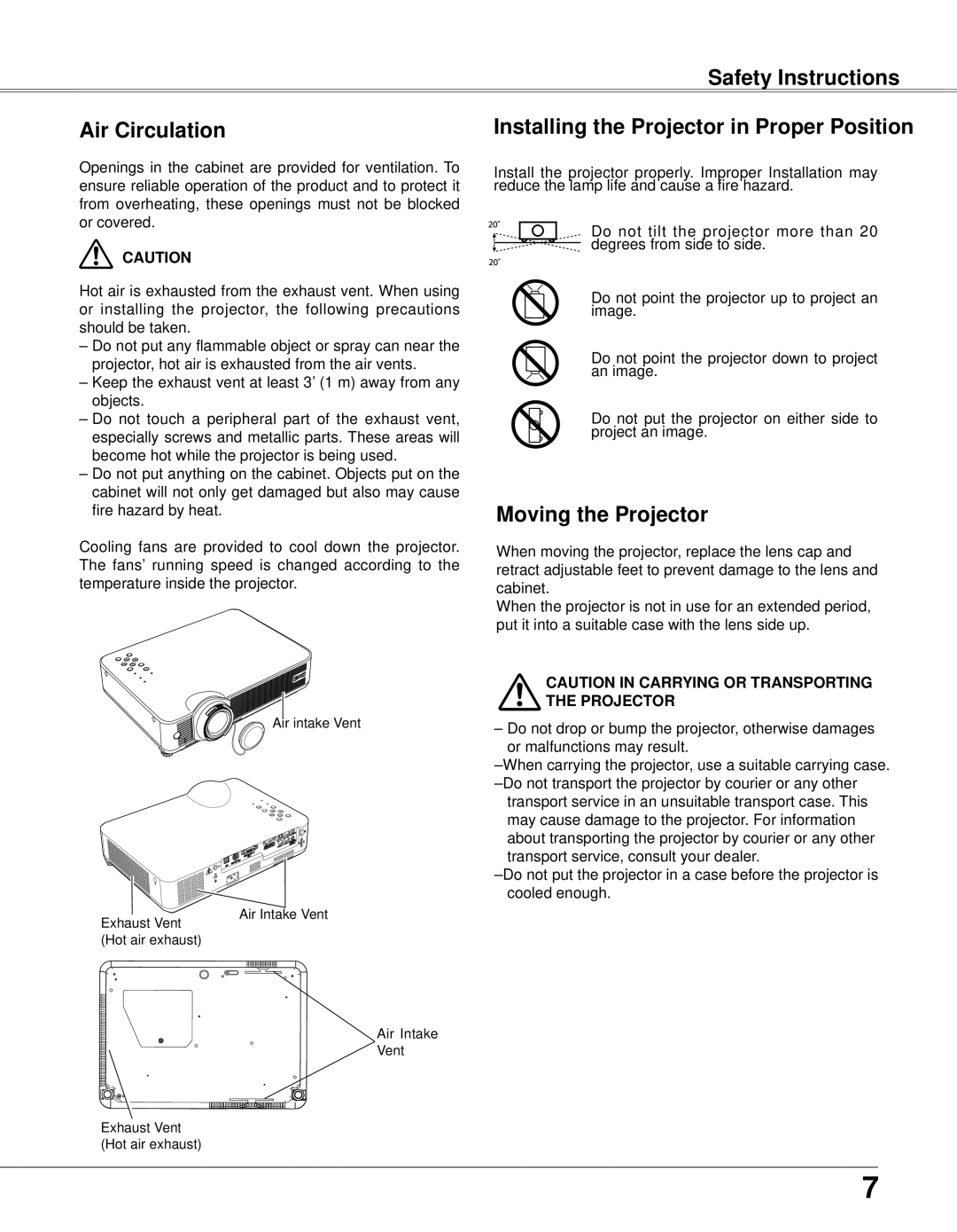 Eiki LC-XB33N Safety Instructions, Air Circulation, Moving the Projector, Installing the Projector in Proper Position 