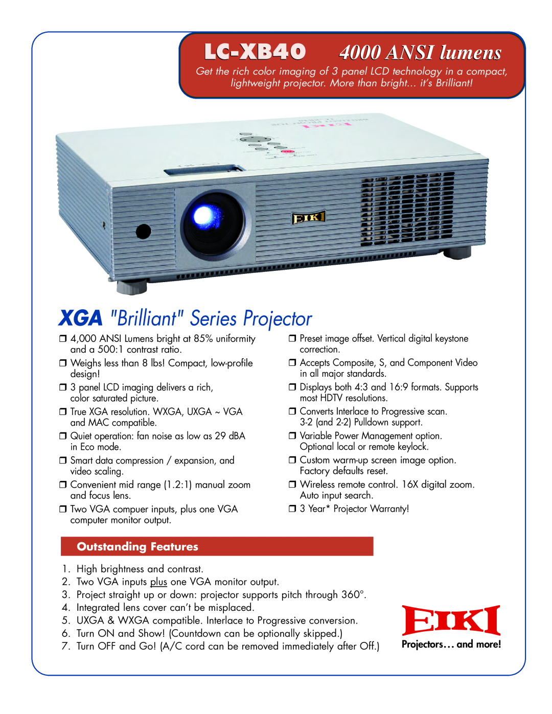 Eiki warranty 2345, LC-XB40 4000 ANSI lumens, XGA Brilliant Series Projector, Outstanding Features 