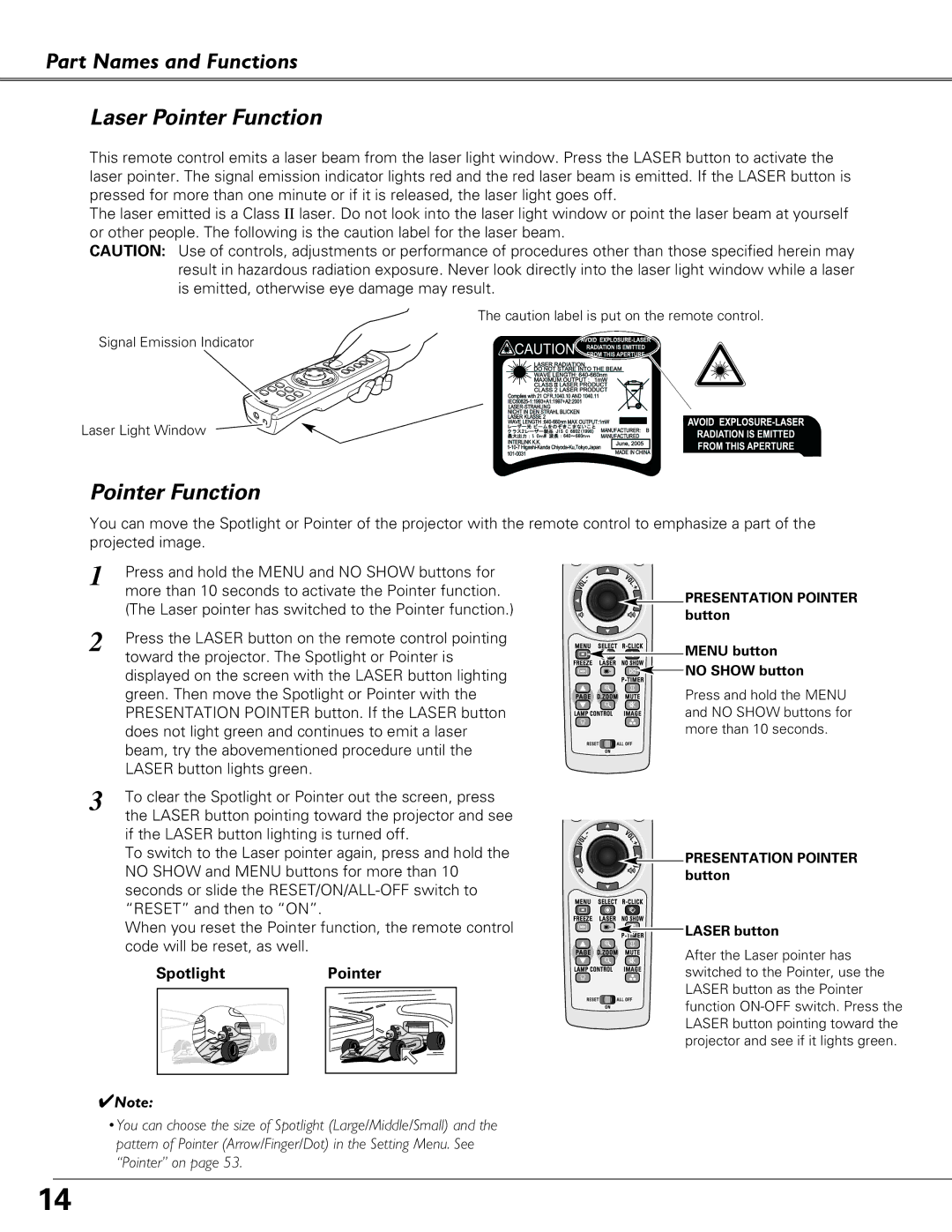 Eiki LC-XB40N owner manual Part Names and Functions Laser Pointer Function, Spotlight Pointer 