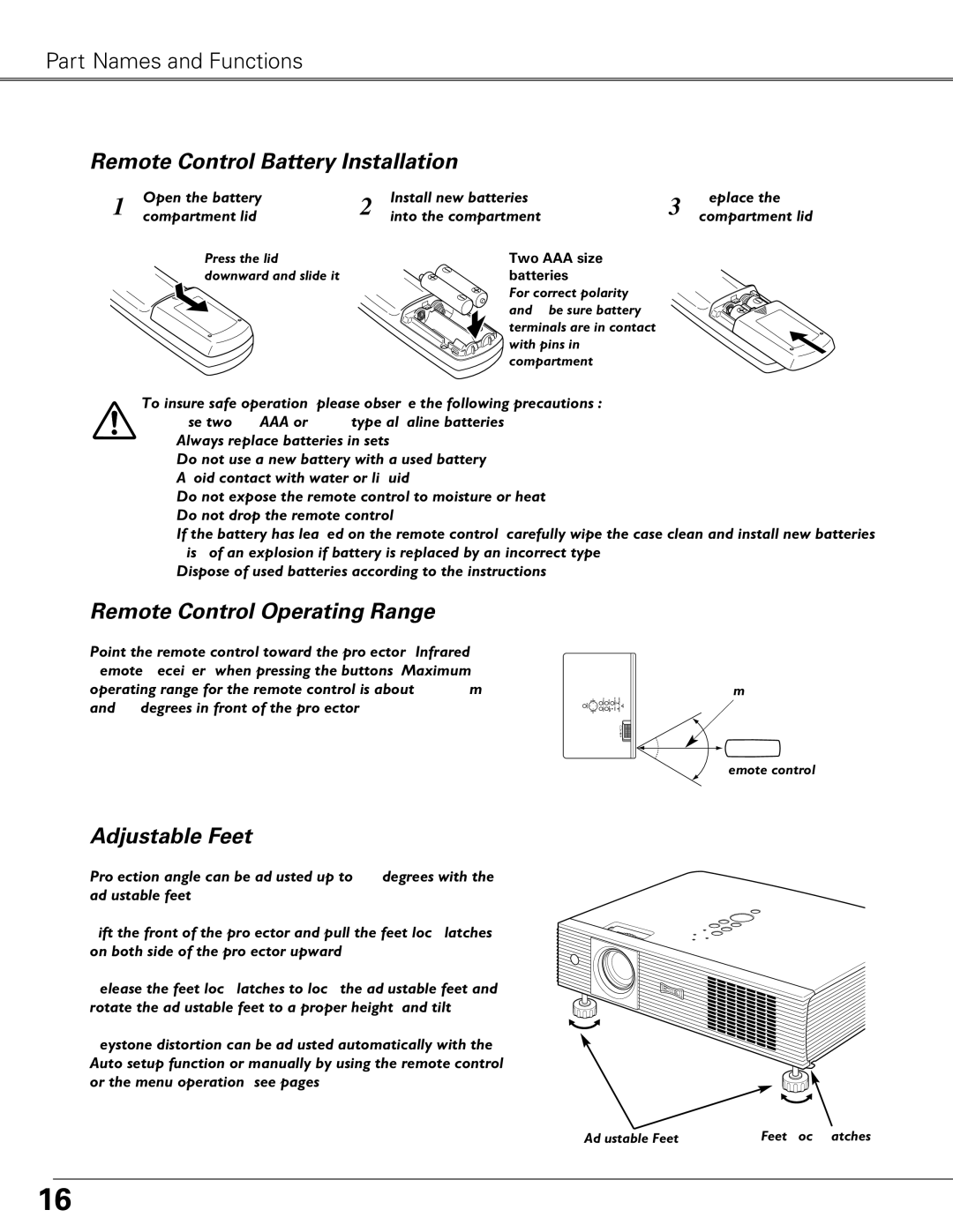 Eiki LC-XB40N owner manual Remote Control Operating Range, Adjustable Feet 