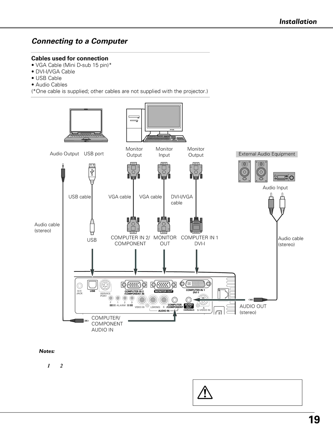 Eiki LC-XB40N owner manual Installation Connecting to a Computer, Cables used for connection 