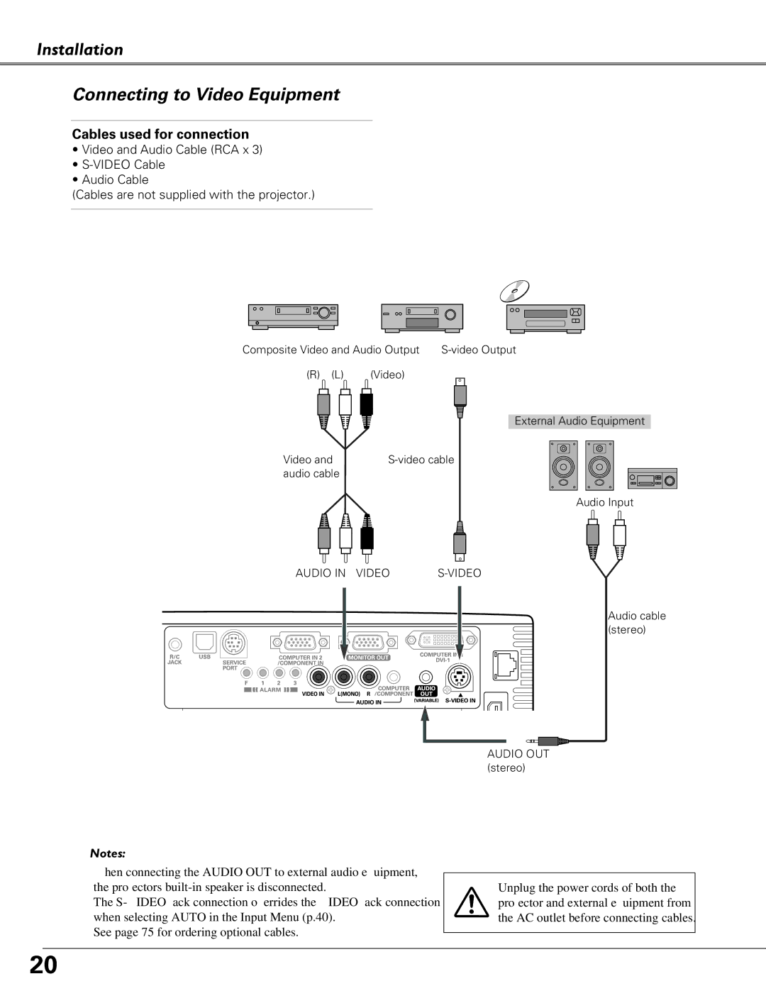 Eiki LC-XB40N owner manual Installation Connecting to Video Equipment, See page 75 for ordering optional cables 